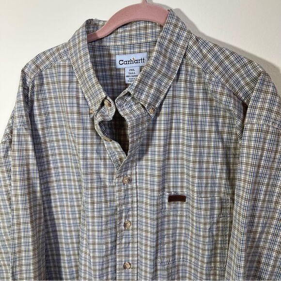 ✨ Carhartt Men’s Plaid Button Down Shirt Tan Blue 2XL Tall - Picture 2 of 10